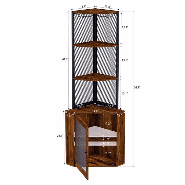 Corner Shelf with Doors, 65" Corner Cabinet  & Wine Glass Rack, 6 Tier Bookshelf Display, Freestanding Corner Storage Stand for Kitchen, Living Room, Balcony[Unable to ship on weekends, please note]