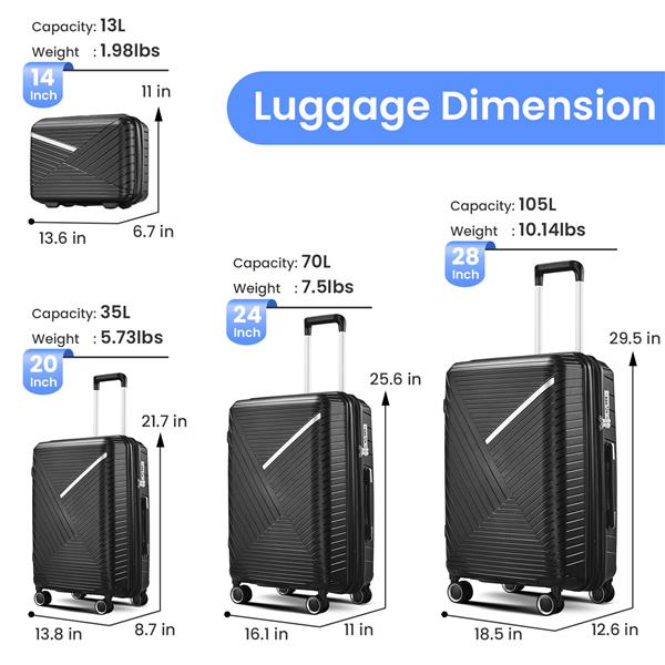 Luggage Sets 4 Piece(14/20/24/28), Expandable Lightweight Suitcase with 4 Double 360 Degrees Mute Spinner Wheels PP Materials Durable TSA Lock Travel Luggage