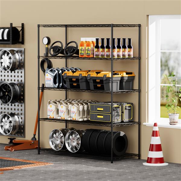 Warehouse, supermarket,kitchen,and other 5-layer heavy-duty adjustable shelves with wheels and adjustable feet,each metal frame bearing 300 pounds.  59.45 "L × 24.02 "W × 71.65 "H,Black.