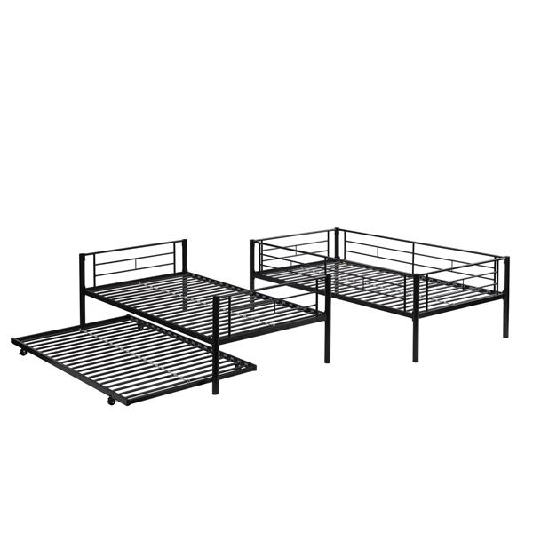 Over Twin Bunk Bed Frame with Trundle,Metal Bunkbed with Sturdy Guard Rail and 2 sideLadders for Kids/Adults,Can be Divided Into Two Beds, No Box Spring Needed, Noise Free for Dorm,Black