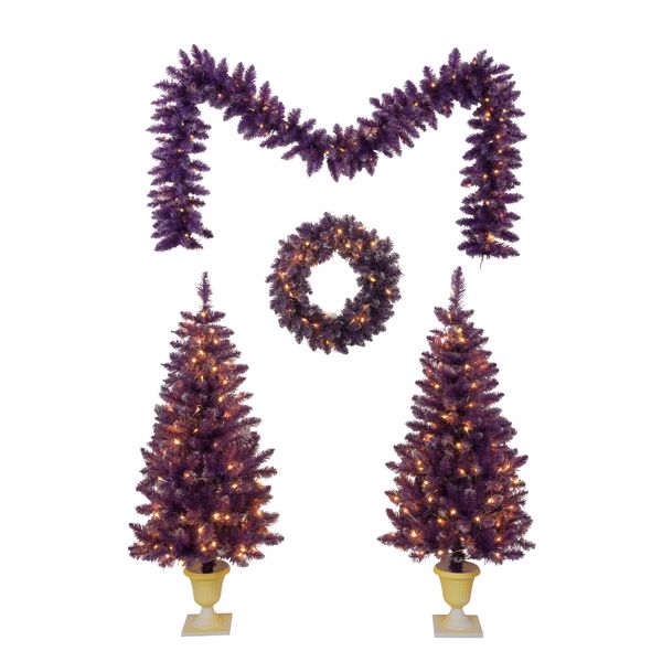 Pre-lit Christmas Artificial Tree 4-Piece Set, Garland, Wreath and Set of 2 Entrance Trees, X-mas with LED Lights, PVC Festival Celebration Set, Purple 