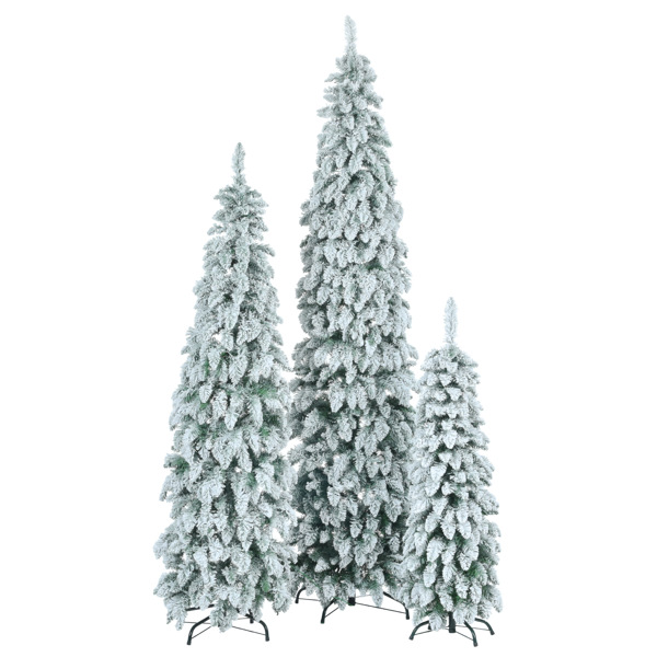 8FT, 6FT, 4FT Pre-Lit Pencil Christmas Trees, 3-set Slim Artificial Christmas Tree With Snow Flocking, Xmas Holiday Decoration Tree, 1455 Branch Tips, 520 LED Lights, 11 Lighting Modes 