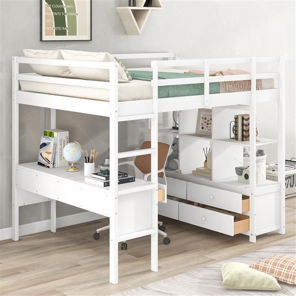 Full Size Loft Bed with Built-in Desk with Two Drawers, and Storage Shelves and Drawers,White