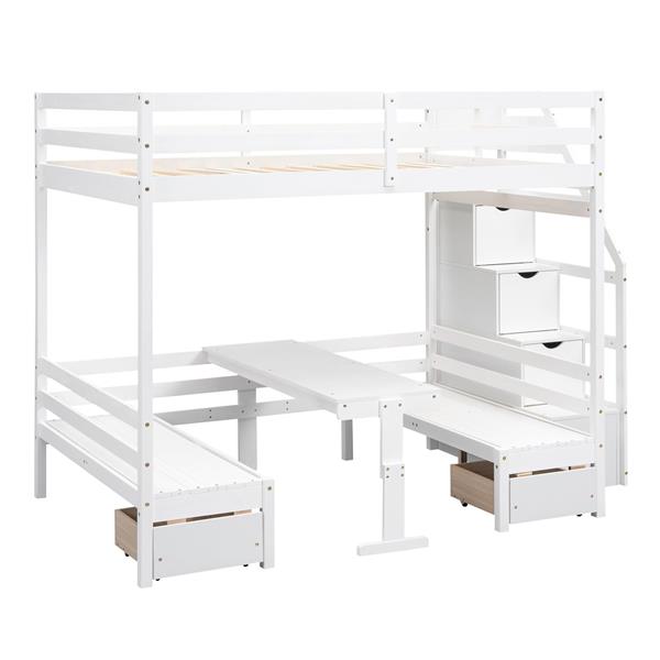 Full over Full Size Bunk with staircase,the Down Bed can be Convertible to Seats and Table Set,White