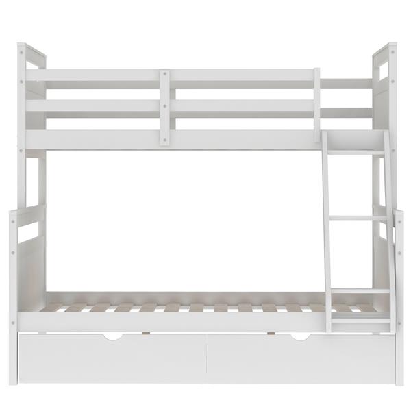 Twin over Full Bunk Bed with Ladder, Two Storage Drawers, Safety Guardrail, White