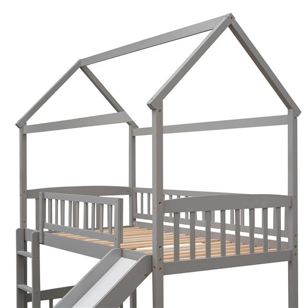 Twin Loft Bed with Slide, House Bed with Slide，Grey