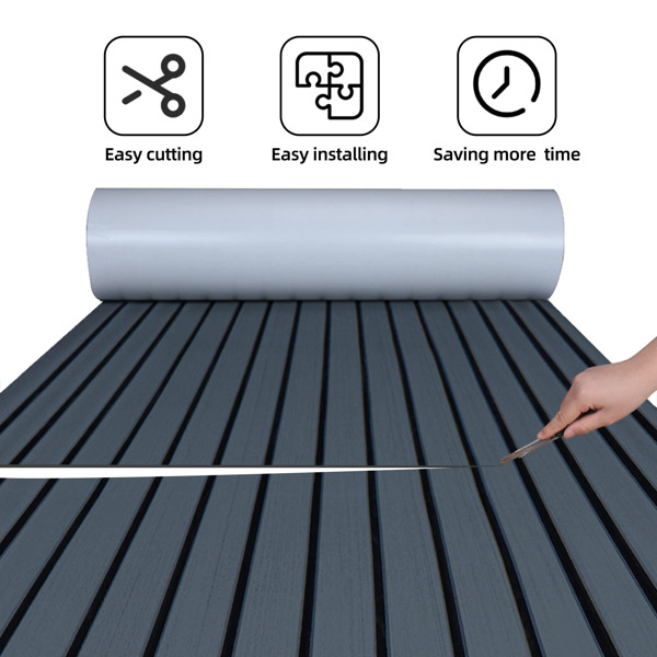 Boat Flooring，EVA Foam Boat Decking 94.5''，Non-Slip and Self-Adhesive Flooring Sea Deck ，Marine Carpet Mat，for Yacht Motorboat Swimming (Grey Black Lines, 94.5''x35'')