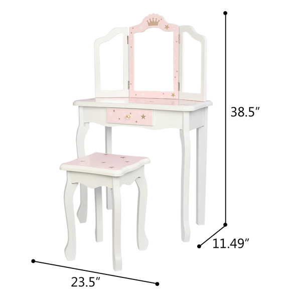 Wooden Toy Children's Dressing Table Three Foldable Mirror/Chair/Single Drawer Pink Star Style