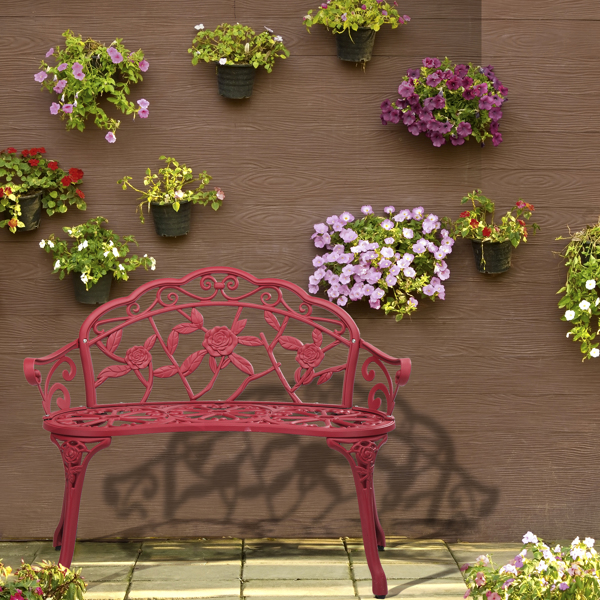 Outdoor Cast Aluminum Patio Bench, Porch Bench Chair with Curved Legs Rose Pattern, Red