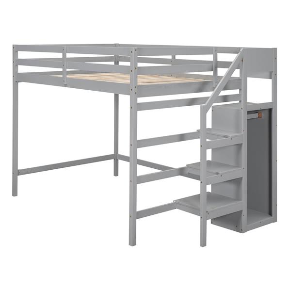 Full Size Loft Bed with Built-in Storage Wardrobe and Staircase, Gray