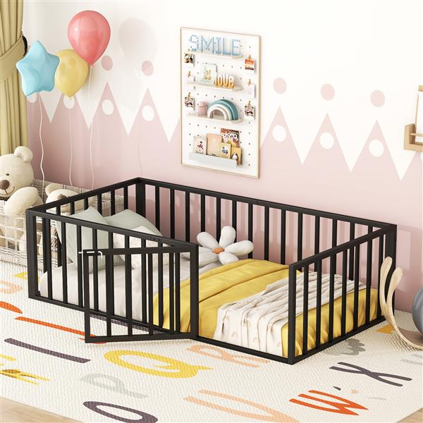 Twin Size Metal Floor Bed Frame with Fence and Door, Black