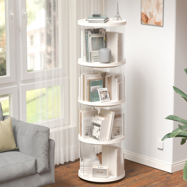 360° Rotating Bookshelf, Small Corner Bookcase with Small Footprint, 4 Tier Floor Standing Bookcasefor Kids&Adults, Narrow Book Shelf Organizer for Bedroom, Living Room, Round, White 