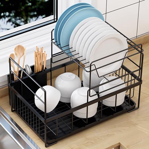 2 Tier Kitchen Sink Dish Drainer Rack with Drip Tray Cutlery Holder Plate UK