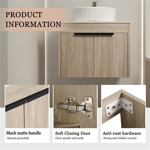 24 " Modern Design Float Bathroom Vanity With Ceramic Basin Set, Wall Mounted White Oak Vanity With Soft Close Door,KD-Packing,KD-Packing,2 Pieces Parcel(TOP-BAA0014012OO)