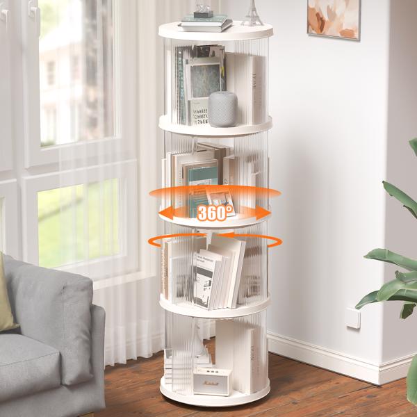 360° Rotating Bookshelf, Small Corner Bookcase with Small Footprint, 4 Tier Floor Standing Bookcasefor Kids&Adults, Narrow Book Shelf Organizer for Bedroom, Living Room, Round, White 