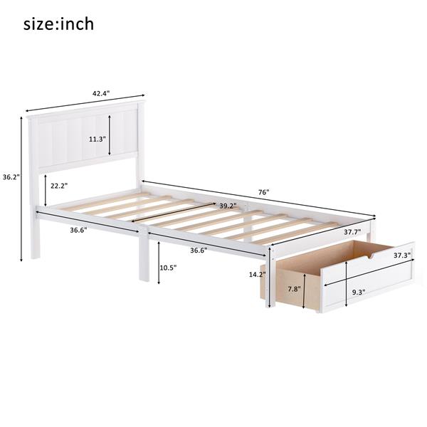 Twin Size Platform Bed with Under-bed Drawer, White