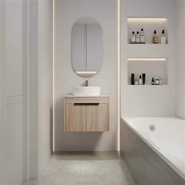 24 " Modern Design Float Bathroom Vanity With Ceramic Basin Set, Wall Mounted White Oak Vanity With Soft Close Door,KD-Packing,KD-Packing,2 Pieces Parcel(TOP-BAA0014012OO)