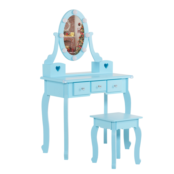 FCH Kids Vanity Set with Mirror and Lights and Stool, 5 Storage Drawers, Pretend Play Princess Makeup Desk Dressing Table and Stool Set for Little Girls Age 3+, Macaroon Blue