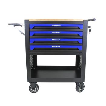 4 DRAWERS MULTIFUNCTIONAL TOOL CART WITH WHEELS AND WOODEN TOP-BLUE