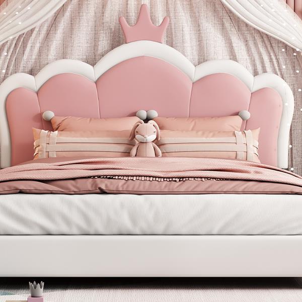 Full size Upholstered Princess Bed With Crown Headboard,Full Size Platform Bed with Headboard and Footboard, White+Pink