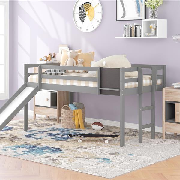 Twin size Loft Bed Wood Bed with Slide, Stair and Chalkboard,Gray