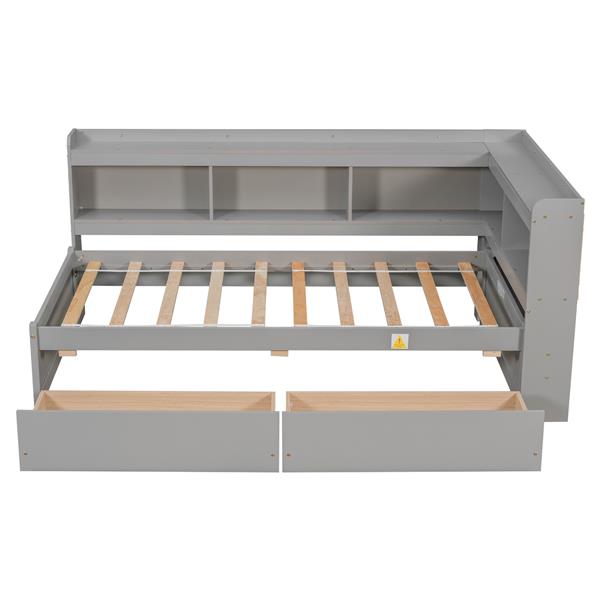 Twin Bed with L-shaped Bookcases,Drawers,Grey