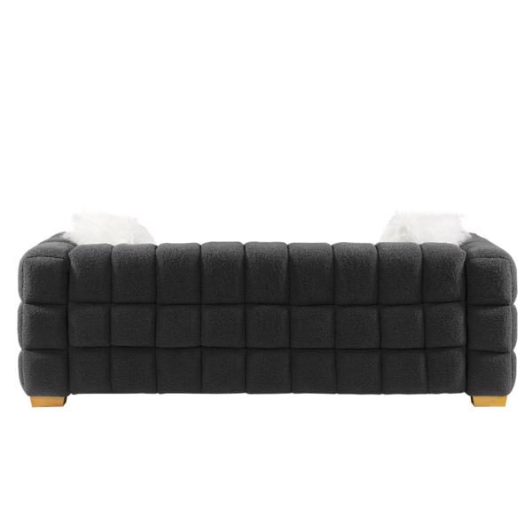 (Grey) Wide Square Arm Teddy Velvet Rectangular Sofa, 2 Pillows