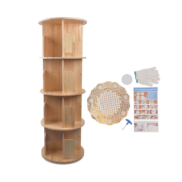 Rotating Bookshelf 360 Degrees 4 Tier Stackable Solid Wood Bookshelf Organizer