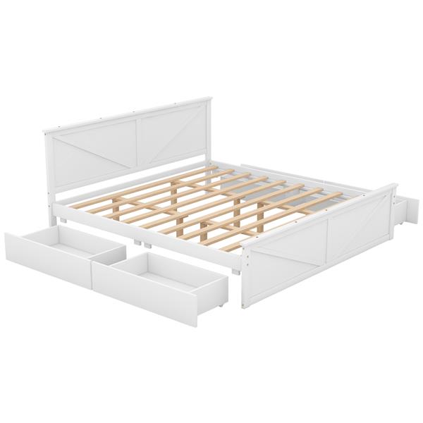 King Size Wooden Platform Bed with Four Storage Drawers and Support Legs, White