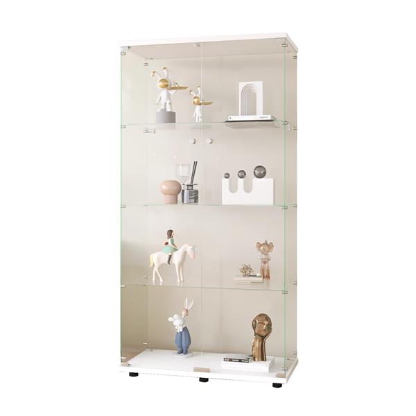 Two-door Glass Display Cabinet 4 Shelves with Door, Floor Standing Curio Bookshelf for Living Room Bedroom Office, 64.7"*31.7"*14.3", White