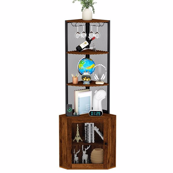 Corner Shelf with Doors, 65" Corner Cabinet  & Wine Glass Rack, 6 Tier Bookshelf Display, Freestanding Corner Storage Stand for Kitchen, Living Room, Balcony[Unable to ship on weekends, please note]