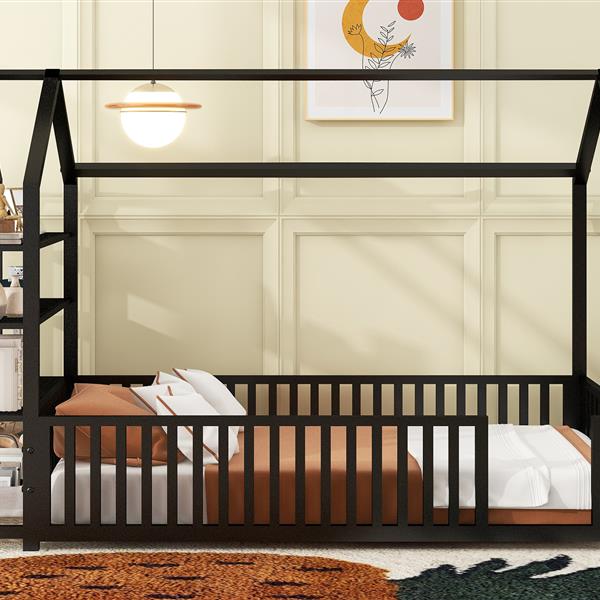 Twin Size Metal House Bed with Fence and Detachable Storage Shelves, Black