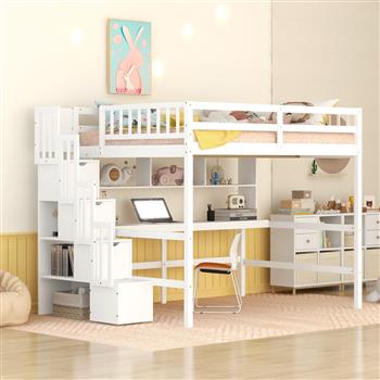 Full Size Loft Bed with Built-in Desk, Bookshelves and Storage Staircase,White