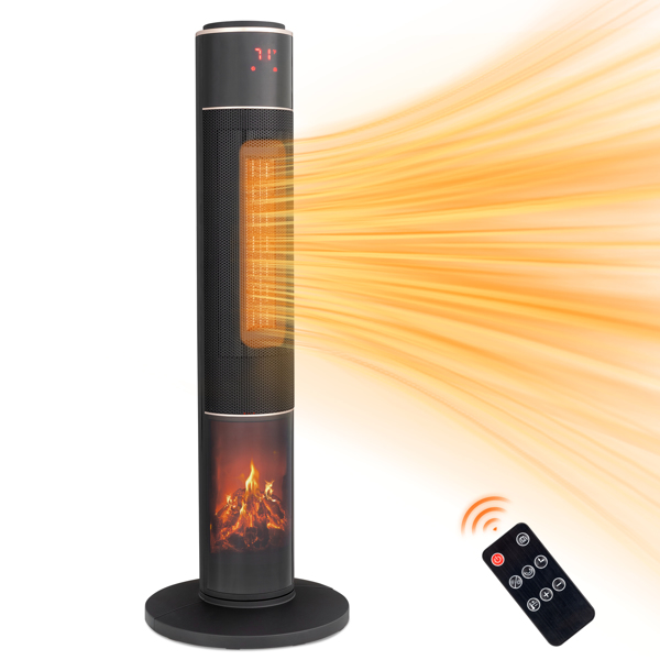 ZOKOP 33" Tower Space Heater with 3D Flame, 1500W Portable Electric Heater with Thermostat, 60° Oscillation, Timer, Remote Control, for Indoor Bedroom Office Home, Black