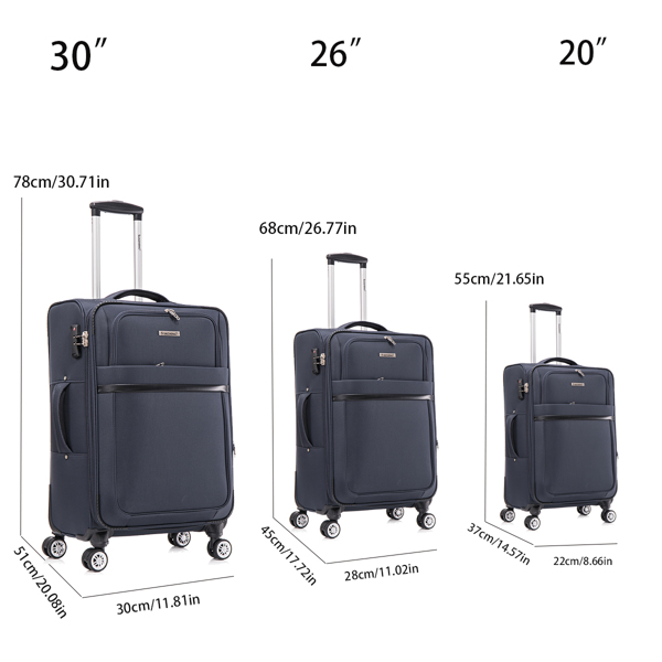 3-piece fabric soft luggage set with swivel wheels and password lock, 20/26/30 inches,Dark Blue