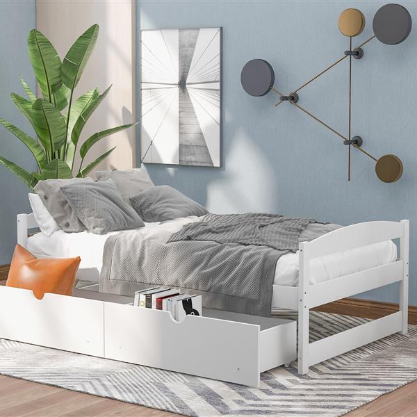 Twin size platform bed, with two drawers, white