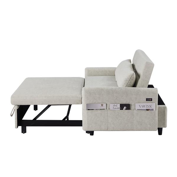 55.1" Pull Out Sleep Sofa Bed Loveseats Sofa Couch with Adjsutable Backrest, Storage Pockets, 2 Soft Pillows, USB Ports for Living Room, Bedroom, Apartment, Office, Beige