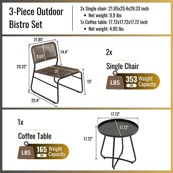 Patio Furniture Set 3 Piece Mixture Pattern PE Rattan Steel Frame And Modern Round Table, Brown and Black