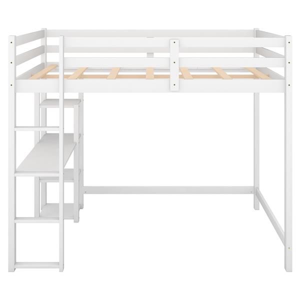 Full Size Loft Bed with Built-in Desk and Shelves,White