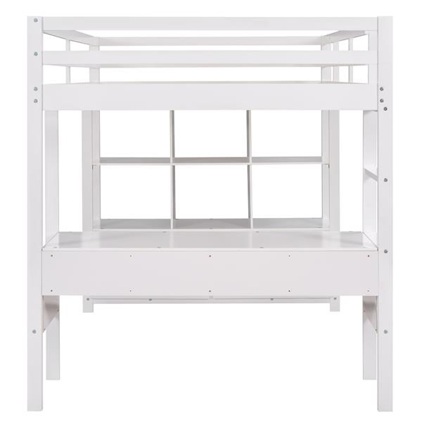 Full Size Loft Bed with Built-in Desk with Two Drawers, and Storage Shelves and Drawers,White