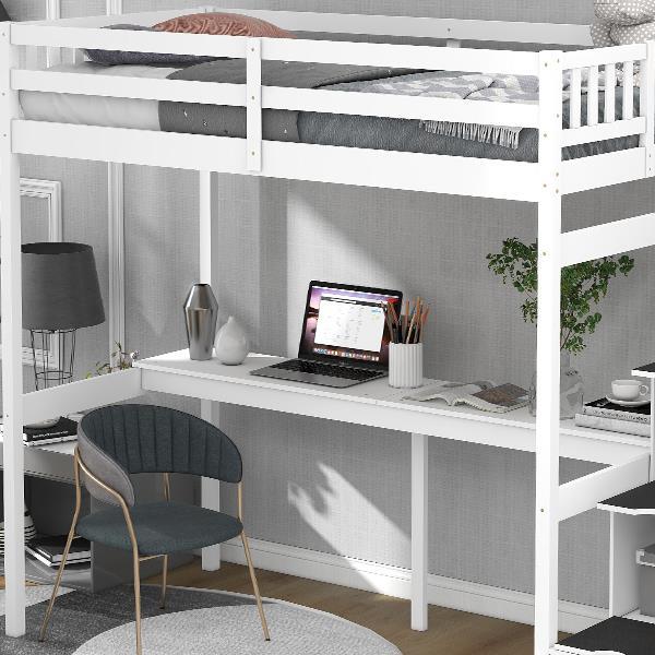 Twin Size Loft Bed with Storage Staircase and Built-in Desk, White