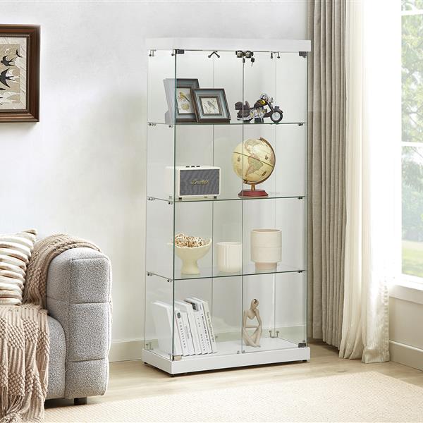 4-Tier Glass Display Cabinet, Double Door Glass Cabinet, Four Partitions, Two Locks, Floor Standing Storage Cabinet for Living Room, Bedroom, Showroom and Office, White, 31.5"L x 14.2"W x 66.3"H