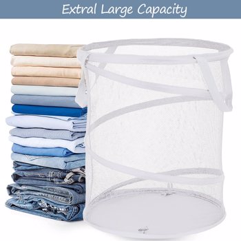 Large Collapsible Laundry Basket Foldable Mesh Pop Up Hamper with Handles for Laundry Room, Bath, Kids Room, College Dorm, Travel, Storage Organizer White