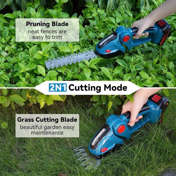 Hedge Trimmer Cordless, 2 in 1 21V Handheld Electric Weed Shears and Bush Trimmer, with 2 Rechargeable Batteries 1 Charger