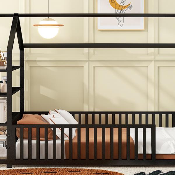 Twin Size Metal House Bed with Fence and Detachable Storage Shelves, Black