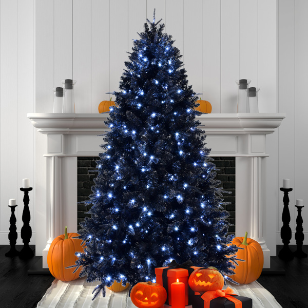 8ft Pre-Lit Black Christmas Tree, Full Halloween Xmas Artificial Tree 2486 Branch Tips, 600 Lights, Metal Hinges, Foldable Base, Holiday Decoration - Black 