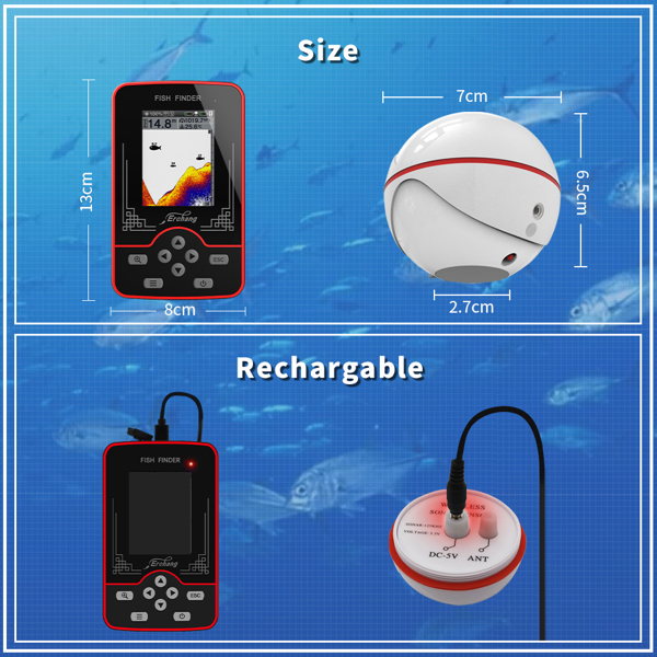 Wireless Sounder Fish Finder Rechargable 100m Distance Lake River Sea Fishing 60m/200ft Water Depth Fishfinder Portable Fish Finder Echo Sounder