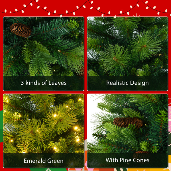 6FT Grass Green Christmas Tree, Large Branches Pine Tree, Pre-Lit Set with Tree & Garland & Wreath, Artificial Christmas with Pine Cones, Hinged Xmas Tree , for Holiday Party Ofiice Home 