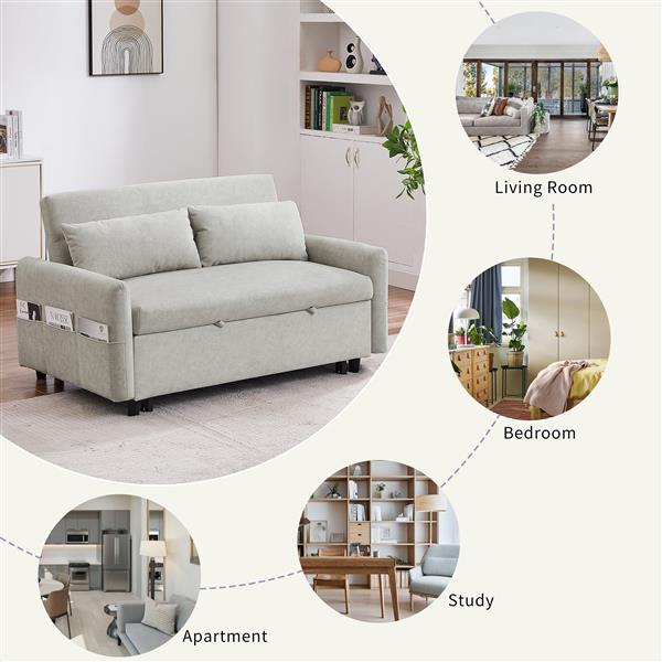 55.1" Pull Out Sleep Sofa Bed Loveseats Sofa Couch with Adjsutable Backrest, Storage Pockets, 2 Soft Pillows, USB Ports for Living Room, Bedroom, Apartment, Office, Beige