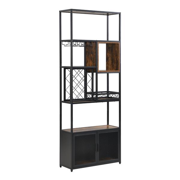 82.7" Industrial Tall Black Bar Wine Rack Cabinet with Glass Holder Wood Home Bar Cabinet